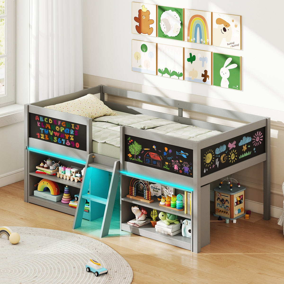 Low Loft Bed With LED Lights, Kid's Cabin Bed With Bookcases, Gray Simple Bed Frame at Gallery Canada
