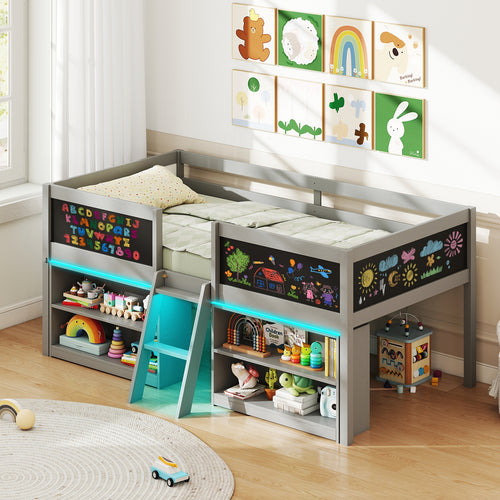 Low Loft Bed With LED Lights, Kid's Cabin Bed With Bookcases, Gray