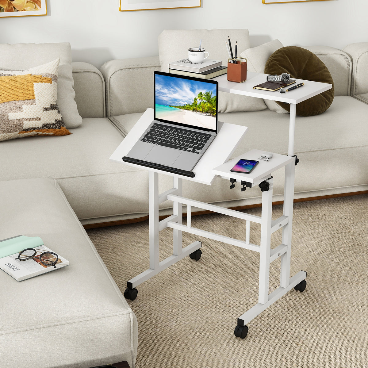 Adjustable Mobile Stand Up Desk, 2 Tilting Desktops, White Laptop Tables & Printer Stands at Gallery Canada