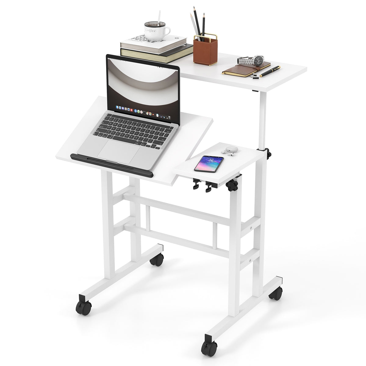 Adjustable Mobile Stand Up Desk, 2 Tilting Desktops, White Laptop Tables & Printer Stands White at Gallery Canada