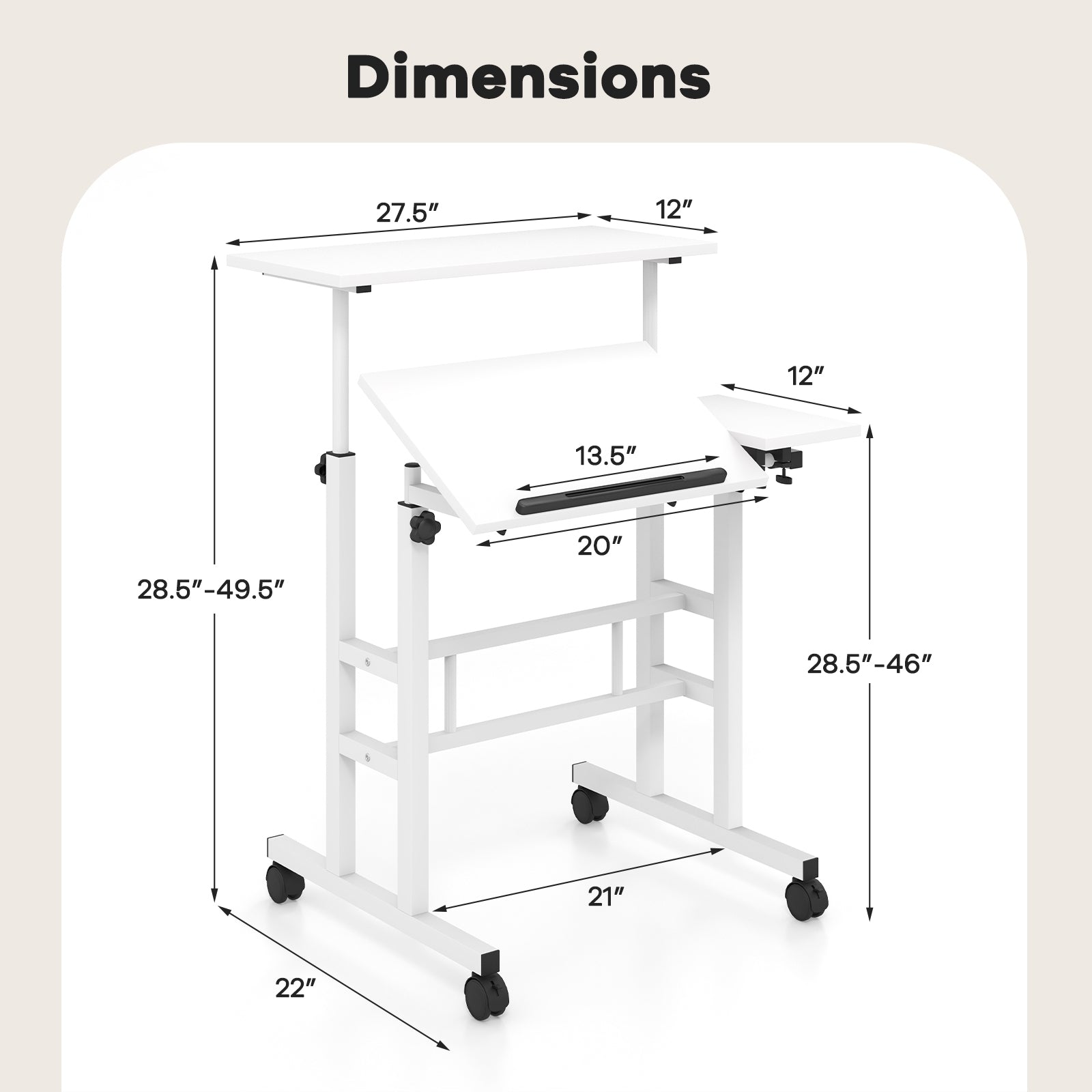 Adjustable Mobile Stand Up Desk, 2 Tilting Desktops, White Laptop Tables & Printer Stands at Gallery Canada