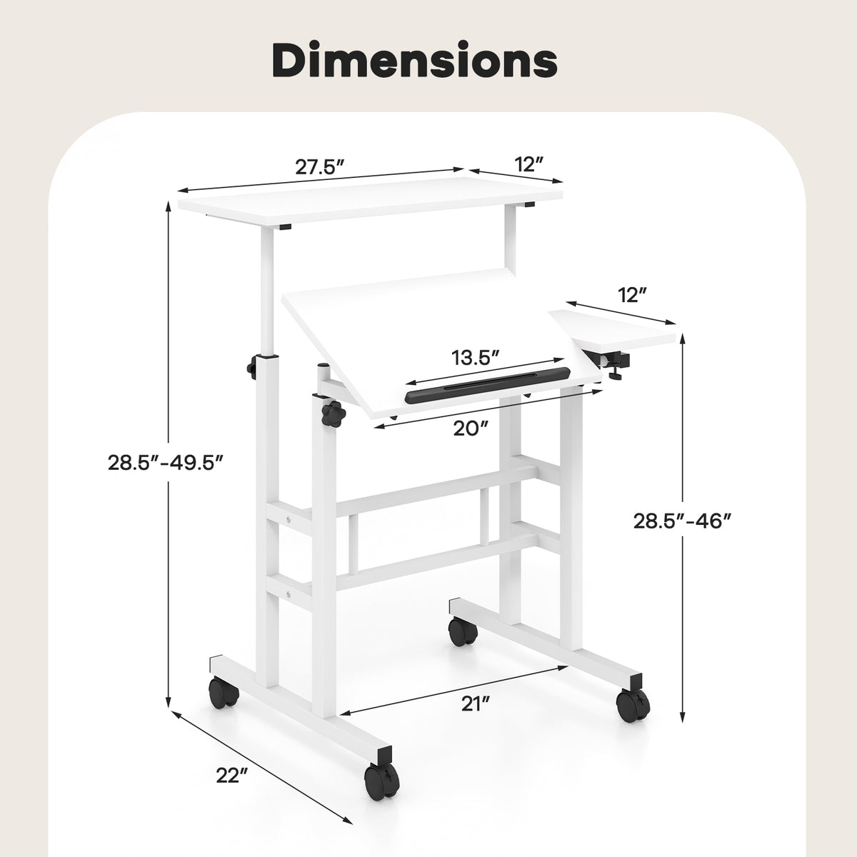 Adjustable Mobile Stand Up Desk, 2 Tilting Desktops, White Laptop Tables & Printer Stands at Gallery Canada