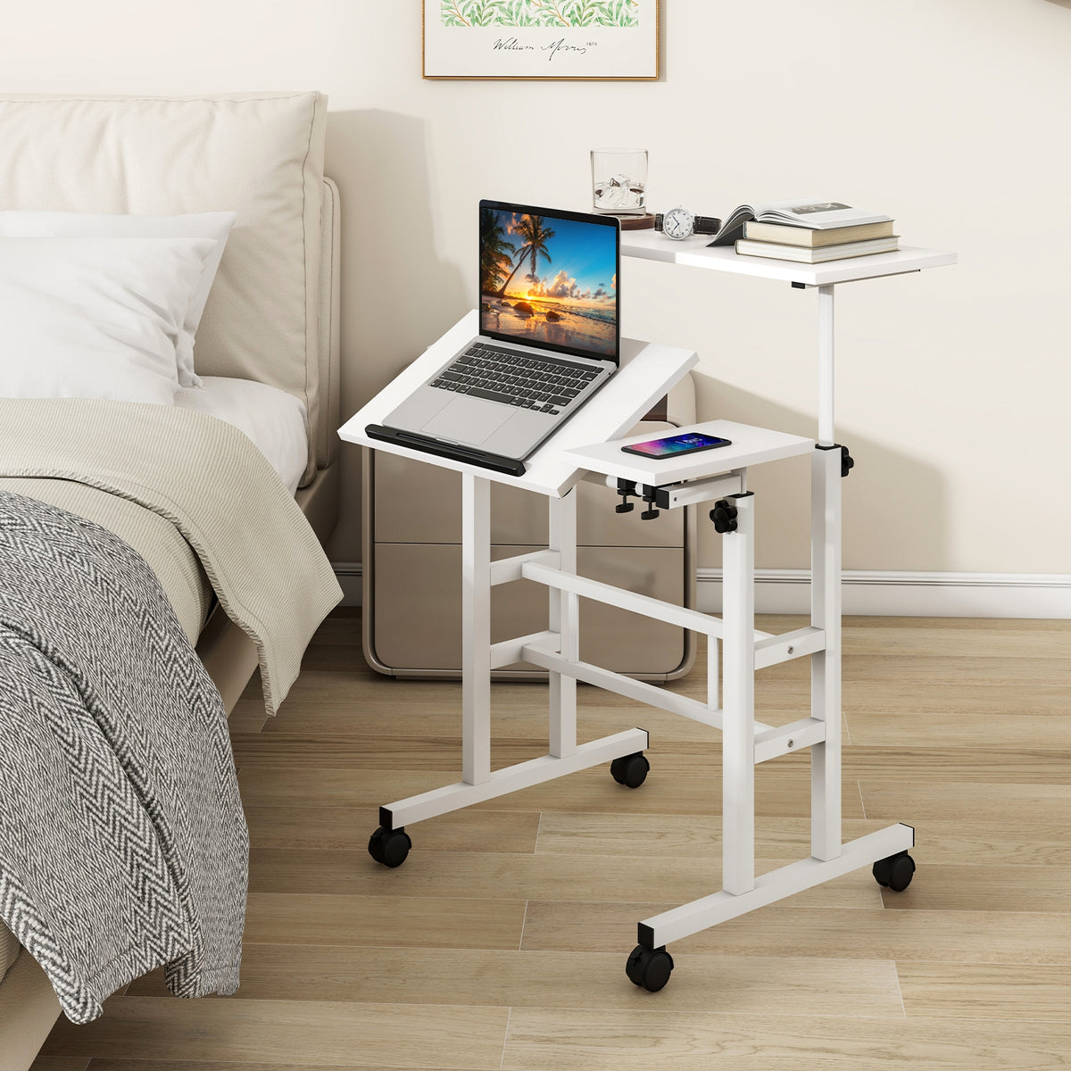 Adjustable Mobile Stand Up Desk, 2 Tilting Desktops, White Laptop Tables & Printer Stands at Gallery Canada
