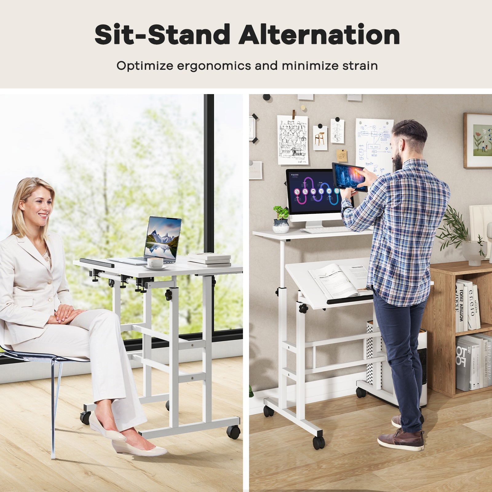 Adjustable Mobile Stand Up Desk, 2 Tilting Desktops, White Laptop Tables & Printer Stands at Gallery Canada