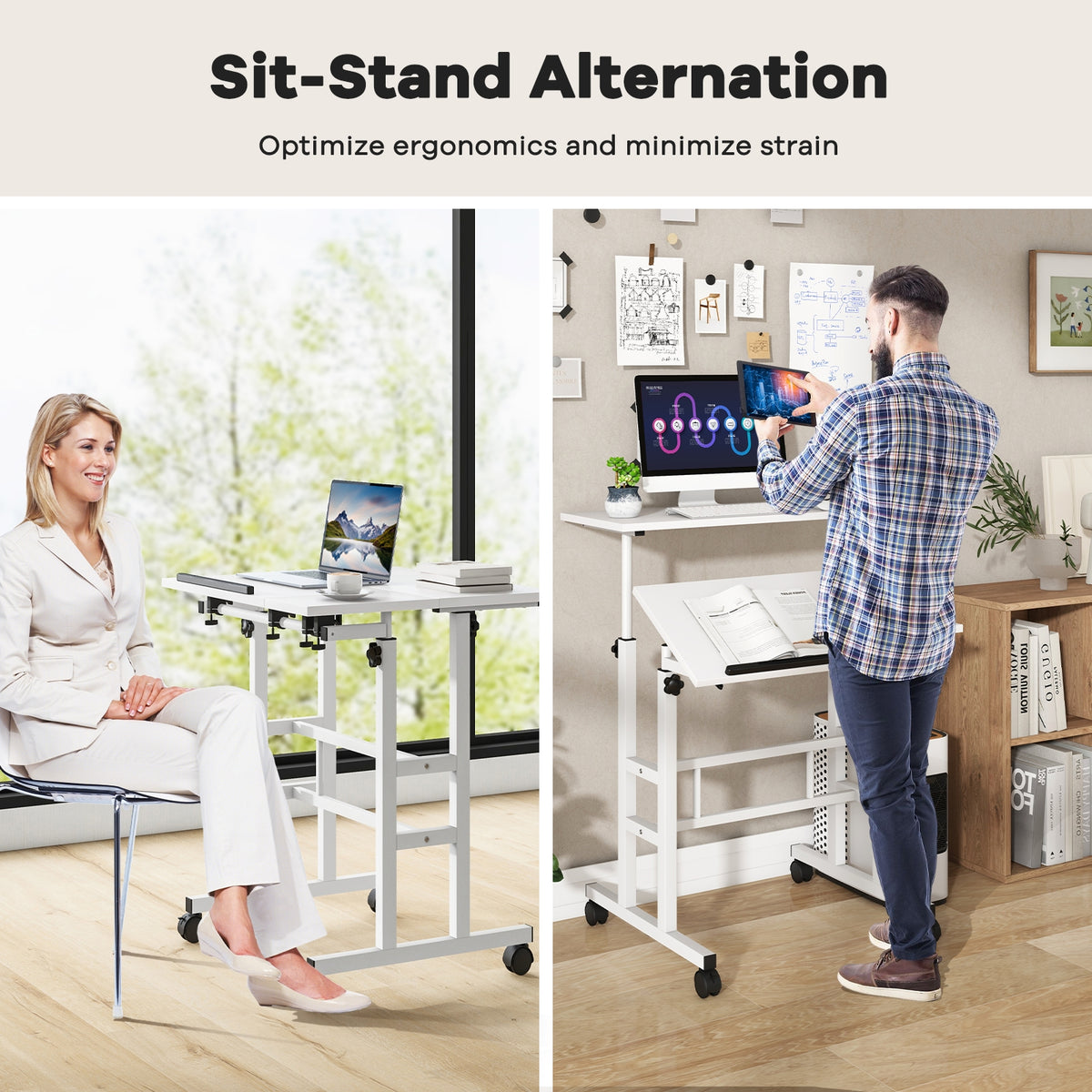 Adjustable Mobile Stand Up Desk, 2 Tilting Desktops, White Laptop Tables & Printer Stands at Gallery Canada