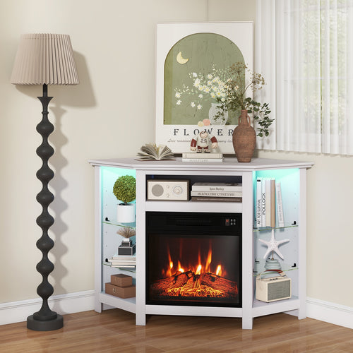 Fireplace Corner TV Stand With LED Lights, Smart App Control, 50 Inches, White
