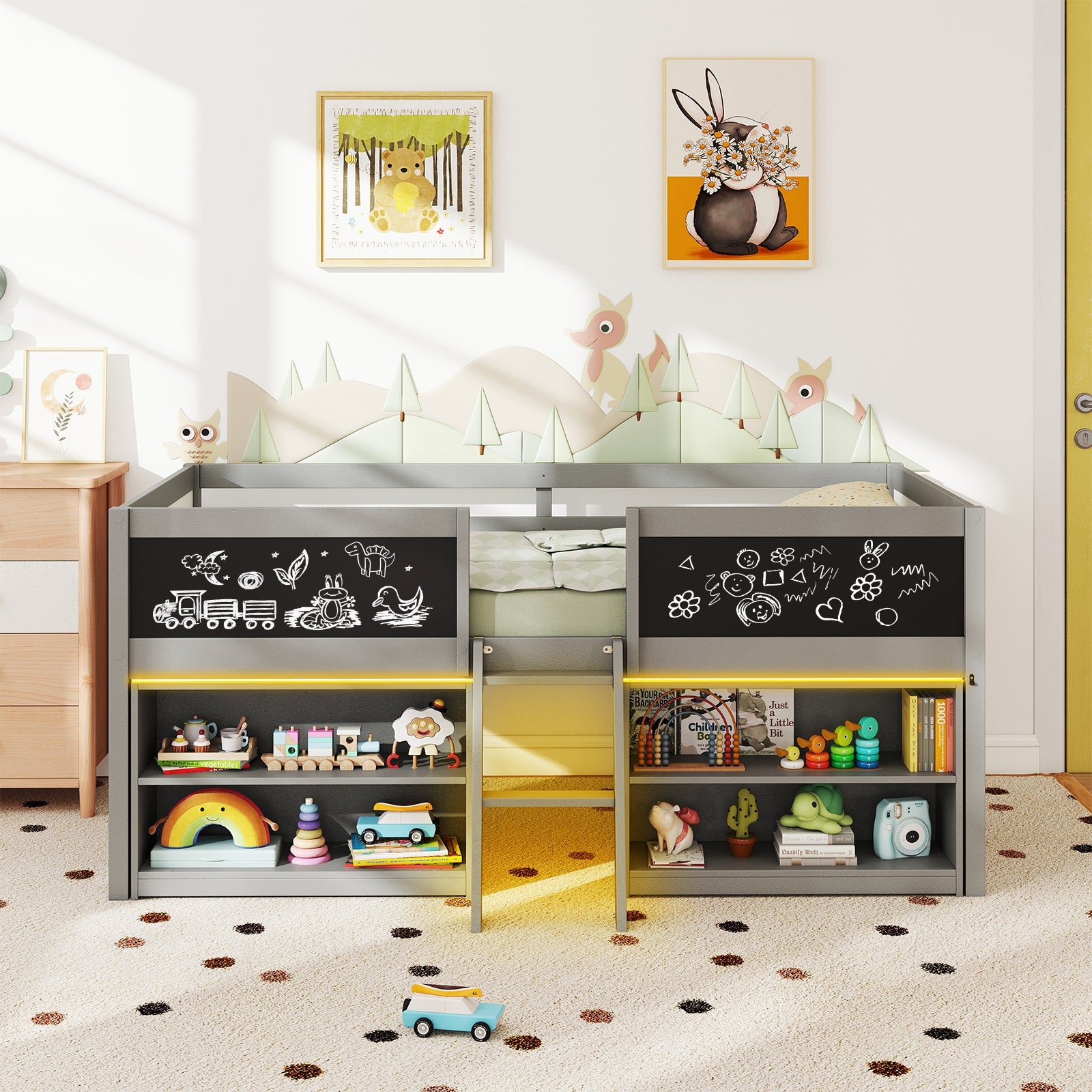 Low Loft Bed With LED Lights, Kid's Cabin Bed With Bookcases, Gray Simple Bed Frame at Gallery Canada