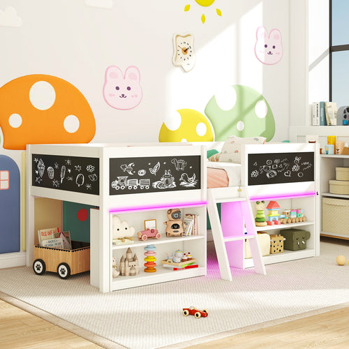 Low Loft Bed With LED Lights, Kids Cabin Bed With Bookcases, White