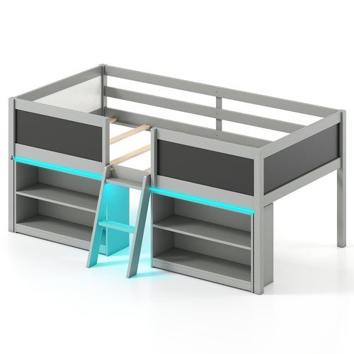 Low Loft Bed With LED Lights, Kid's Cabin Bed With Bookcases, Gray