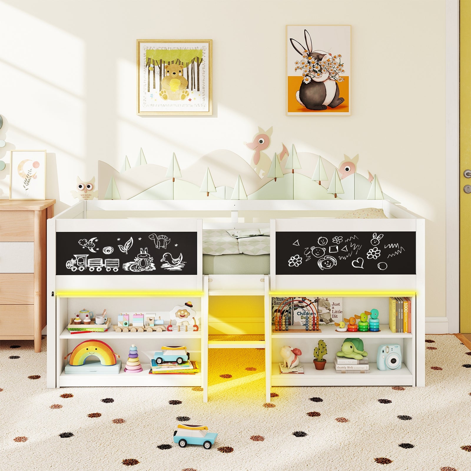 Low Loft Bed With LED Lights, Kids Cabin Bed With Bookcases, White Simple Bed Frame at Gallery Canada