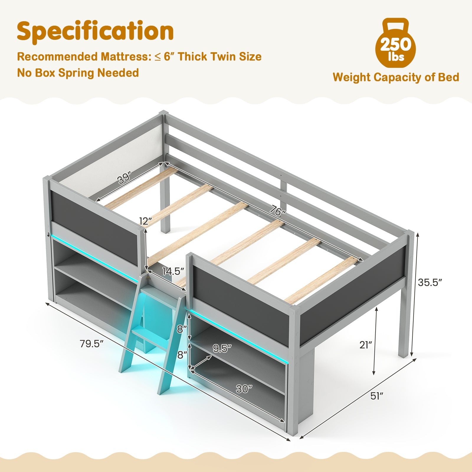 Low Loft Bed With LED Lights, Kid's Cabin Bed With Bookcases, Gray Simple Bed Frame at Gallery Canada