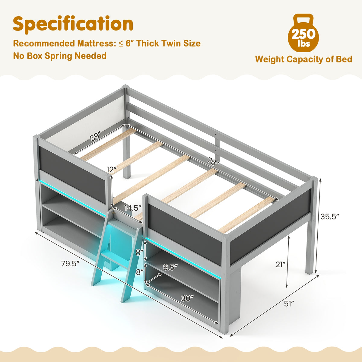 Low Loft Bed With LED Lights, Kid's Cabin Bed With Bookcases, Gray Simple Bed Frame at Gallery Canada