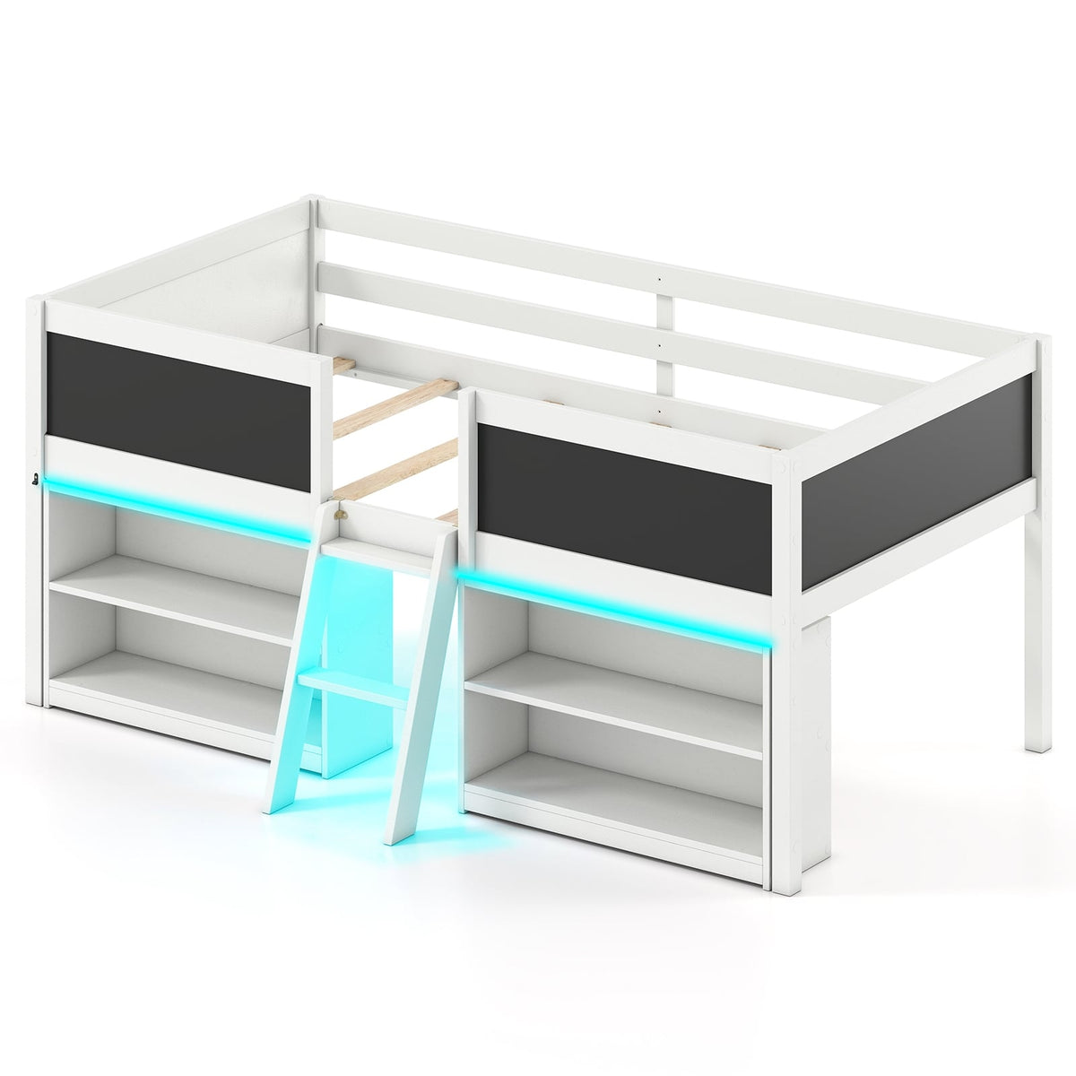 Low Loft Bed With LED Lights, Kids Cabin Bed With Bookcases, White Simple Bed Frame White at Gallery Canada