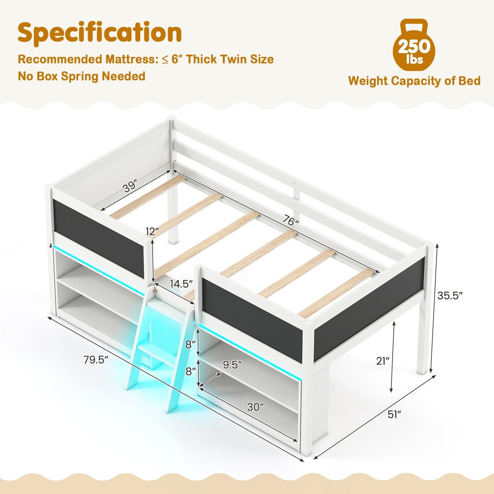 Low Loft Bed With LED Lights, Kids Cabin Bed With Bookcases, White Simple Bed Frame at Gallery Canada