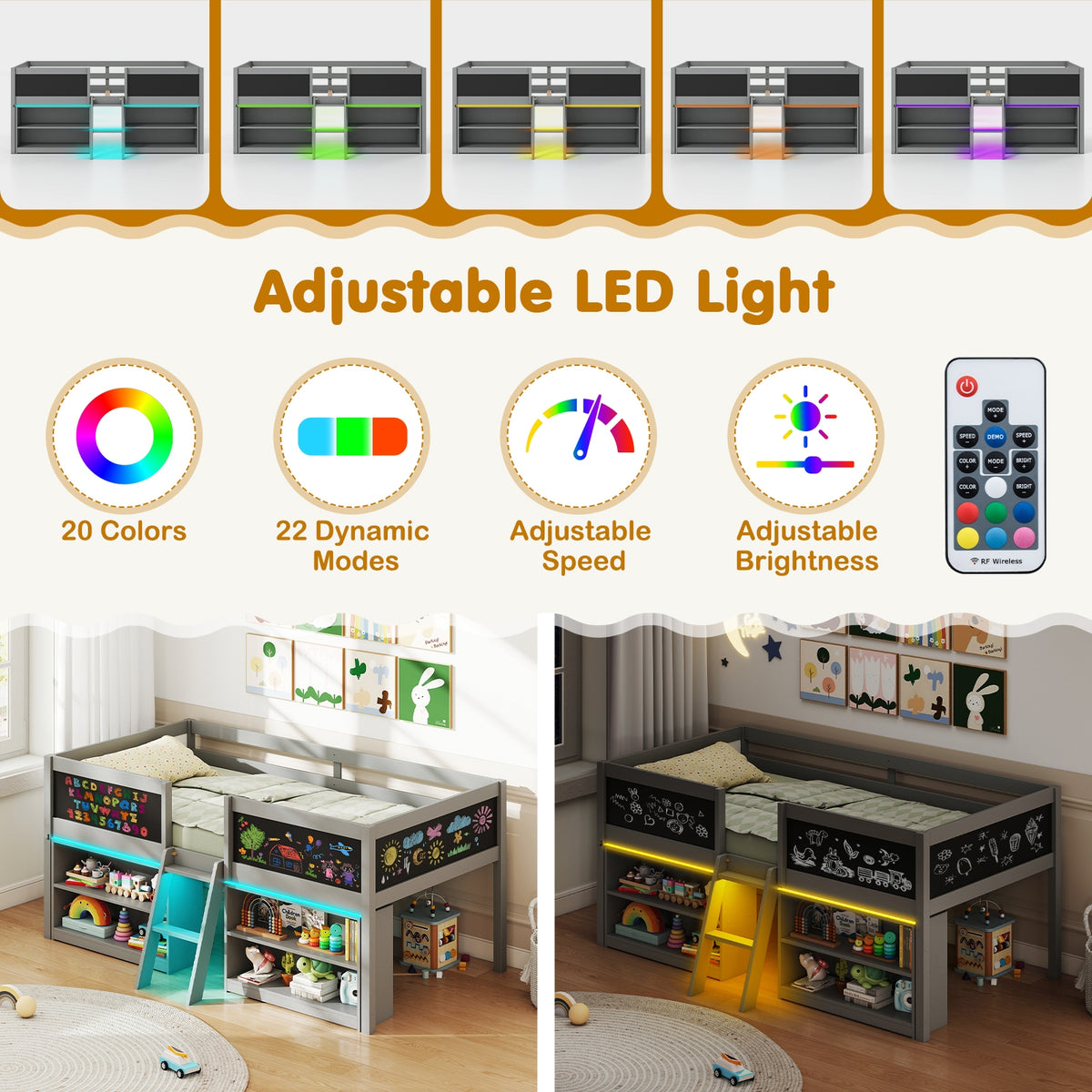 Low Loft Bed With LED Lights, Kid's Cabin Bed With Bookcases, Gray Simple Bed Frame at Gallery Canada