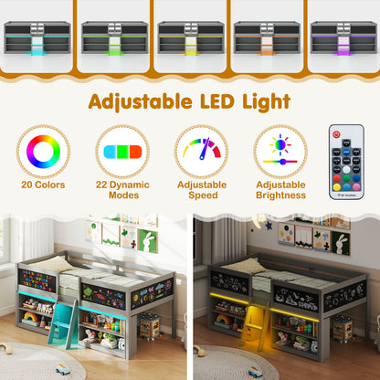 Low Loft Bed With LED Lights, Kid's Cabin Bed With Bookcases, Gray Simple Bed Frame at Gallery Canada