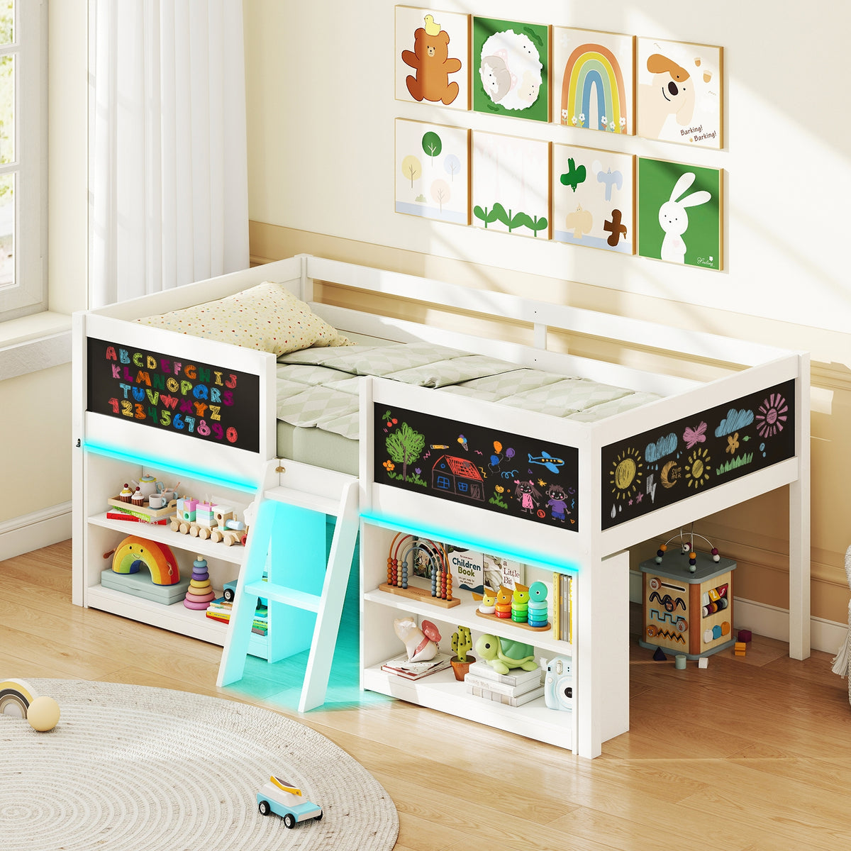 Low Loft Bed With LED Lights, Kids Cabin Bed With Bookcases, White Simple Bed Frame at Gallery Canada