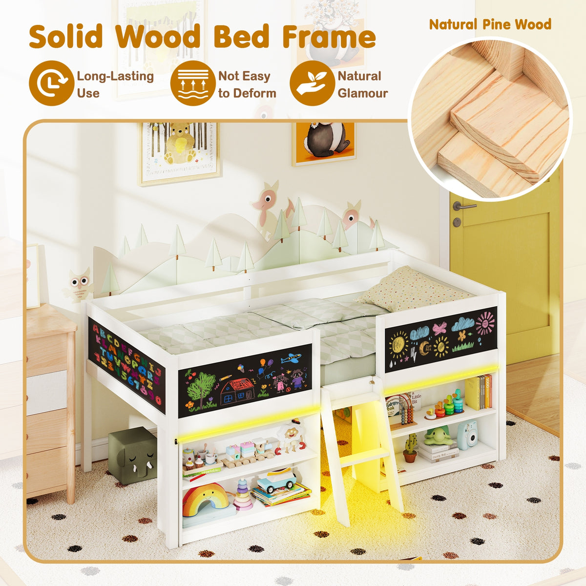 Low Loft Bed With LED Lights, Kids Cabin Bed With Bookcases, White Simple Bed Frame at Gallery Canada