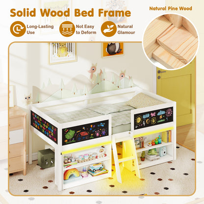 Low Loft Bed With LED Lights, Kids Cabin Bed With Bookcases, White Simple Bed Frame at Gallery Canada