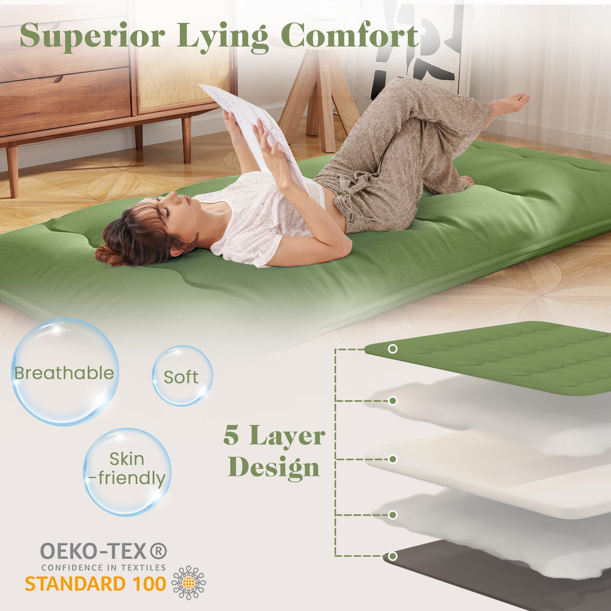 Floor Mattress With Washable Cover, Carry Bag, Twin Size, Green Mattresses at Gallery Canada