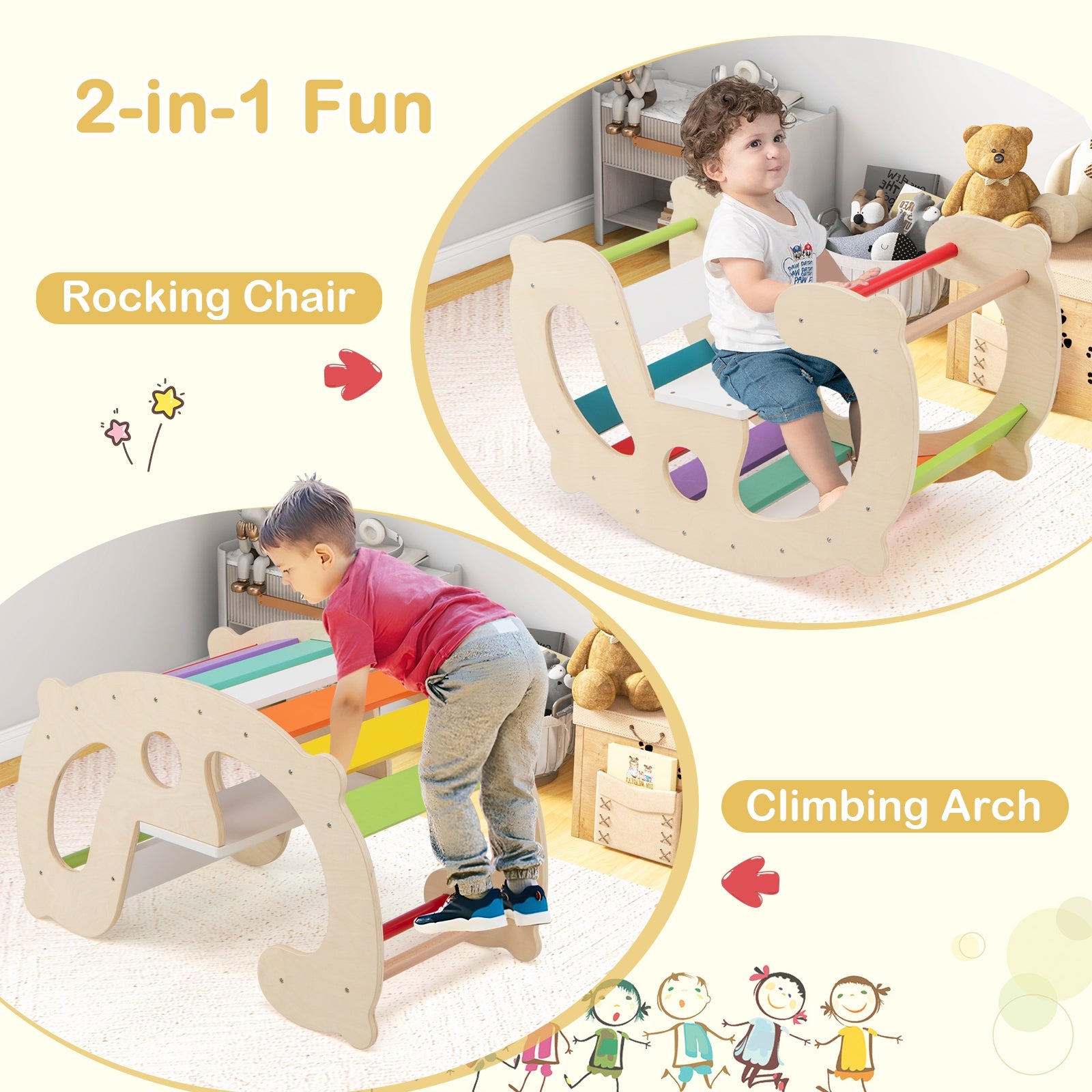 2-in-1 Rocking Horse Arch, Montessori Climbing Toys, Multicolor Climbers & Slides at Gallery Canada