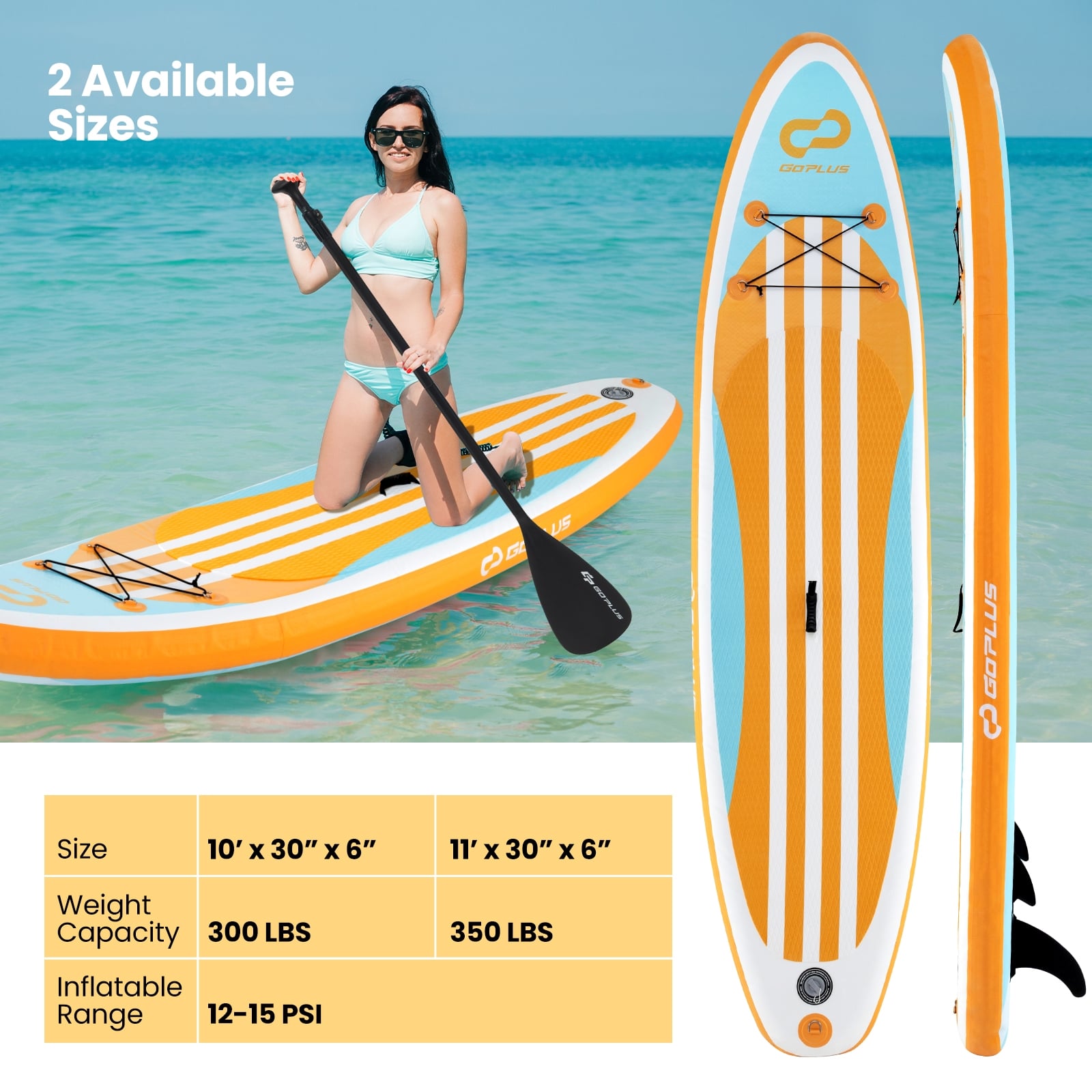 Inflatable Stand Up Paddle Board, Adjustable Paddle, 3 Fins, S, Orange Surfing at Gallery Canada