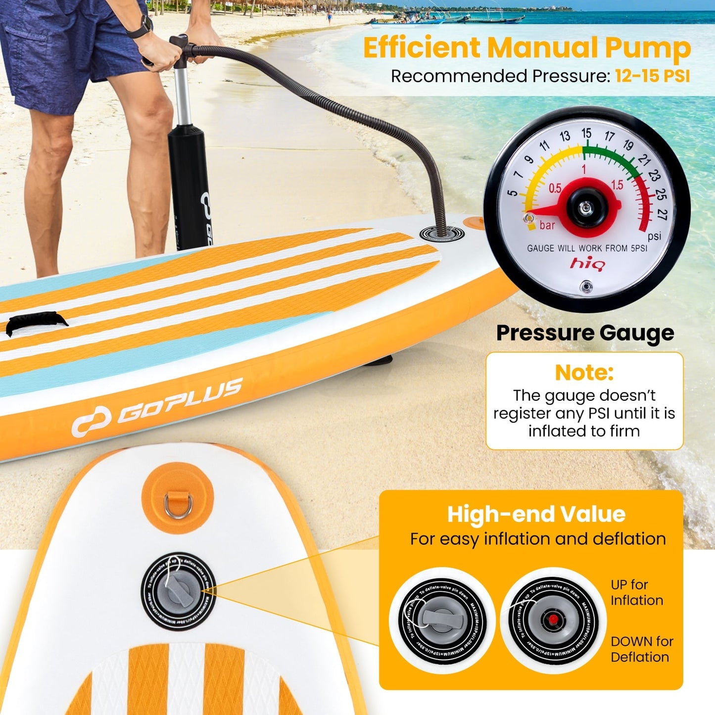 Inflatable Stand Up Paddle Board, Adjustable Paddle, 3 Fins, S, Orange Surfing at Gallery Canada