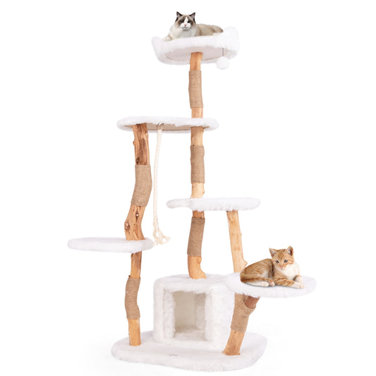 66 Inch Solid Wood Cat Tree, Modern Wooden Tower With Perch, White Cat Trees Condos & Scratchers White at Gallery Canada
