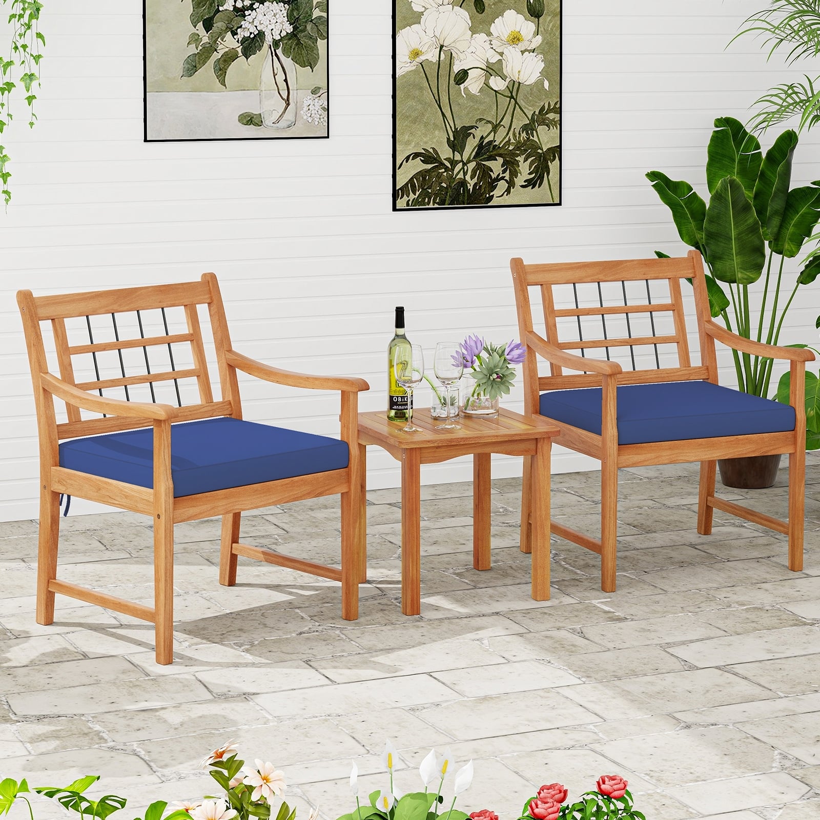 3 Piece Wood Patio Set, Acacia Frame, Cushions, Navy Patio Conversation Sets at Gallery Canada