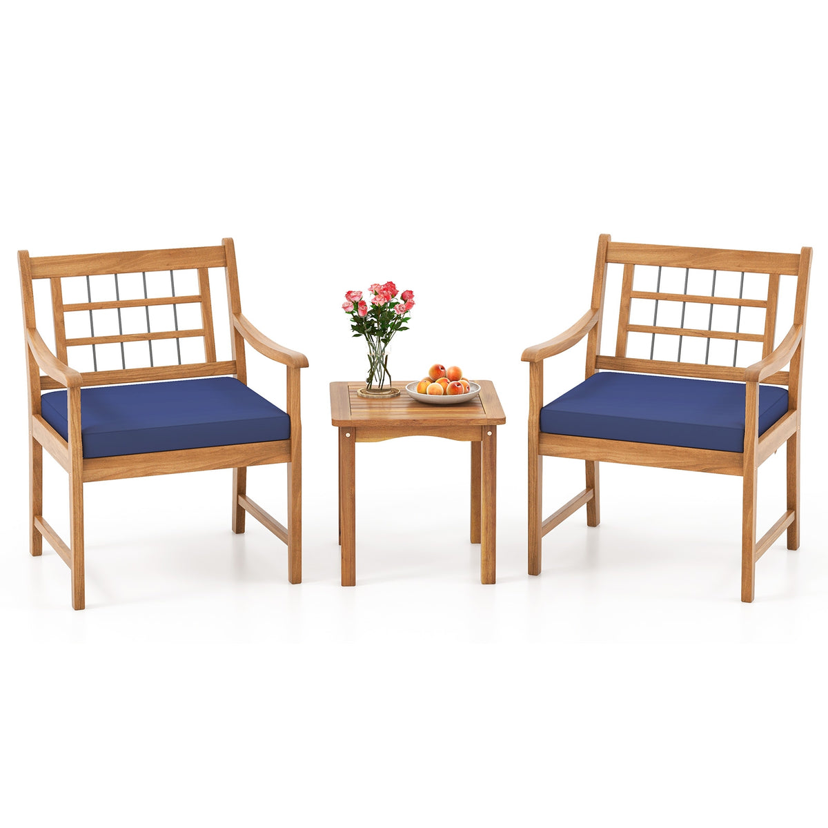 3 Piece Wood Patio Set, Acacia Frame, Cushions, Navy Patio Conversation Sets at Gallery Canada