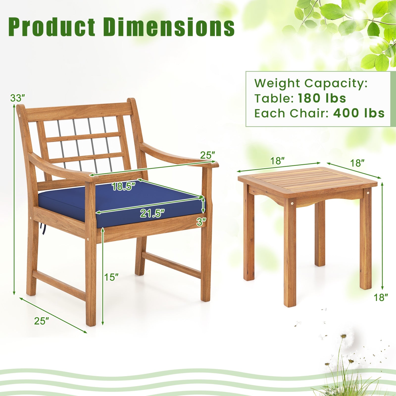 3 Piece Wood Patio Set, Acacia Frame, Cushions, Navy Patio Conversation Sets at Gallery Canada