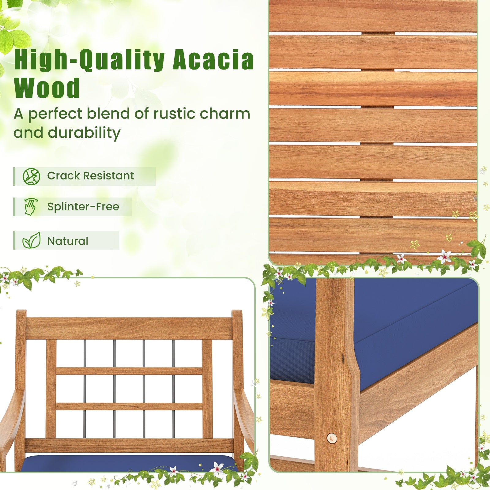 3 Piece Wood Patio Set, Acacia Frame, Cushions, Navy Patio Conversation Sets at Gallery Canada