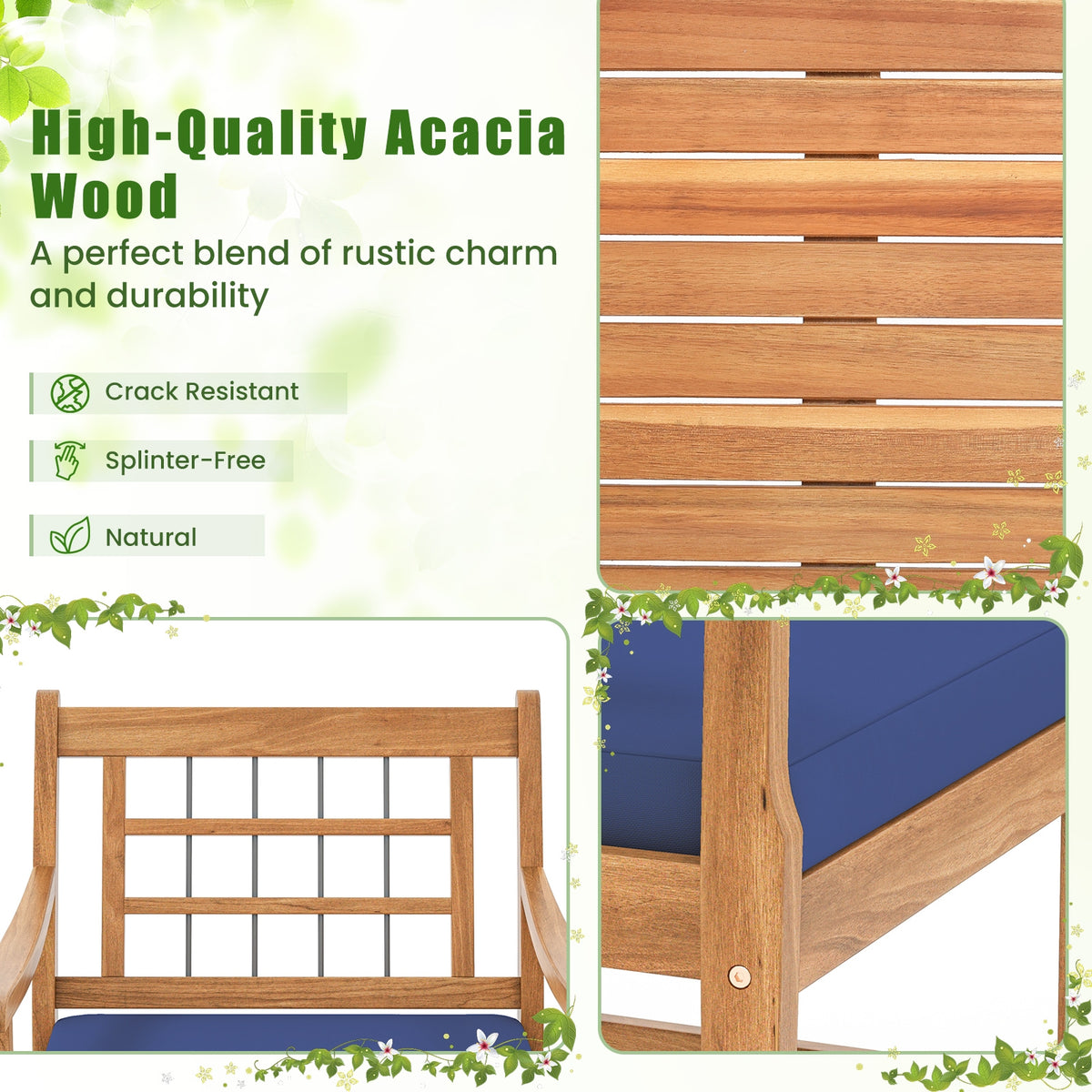 3 Piece Wood Patio Set, Acacia Frame, Cushions, Navy Patio Conversation Sets at Gallery Canada