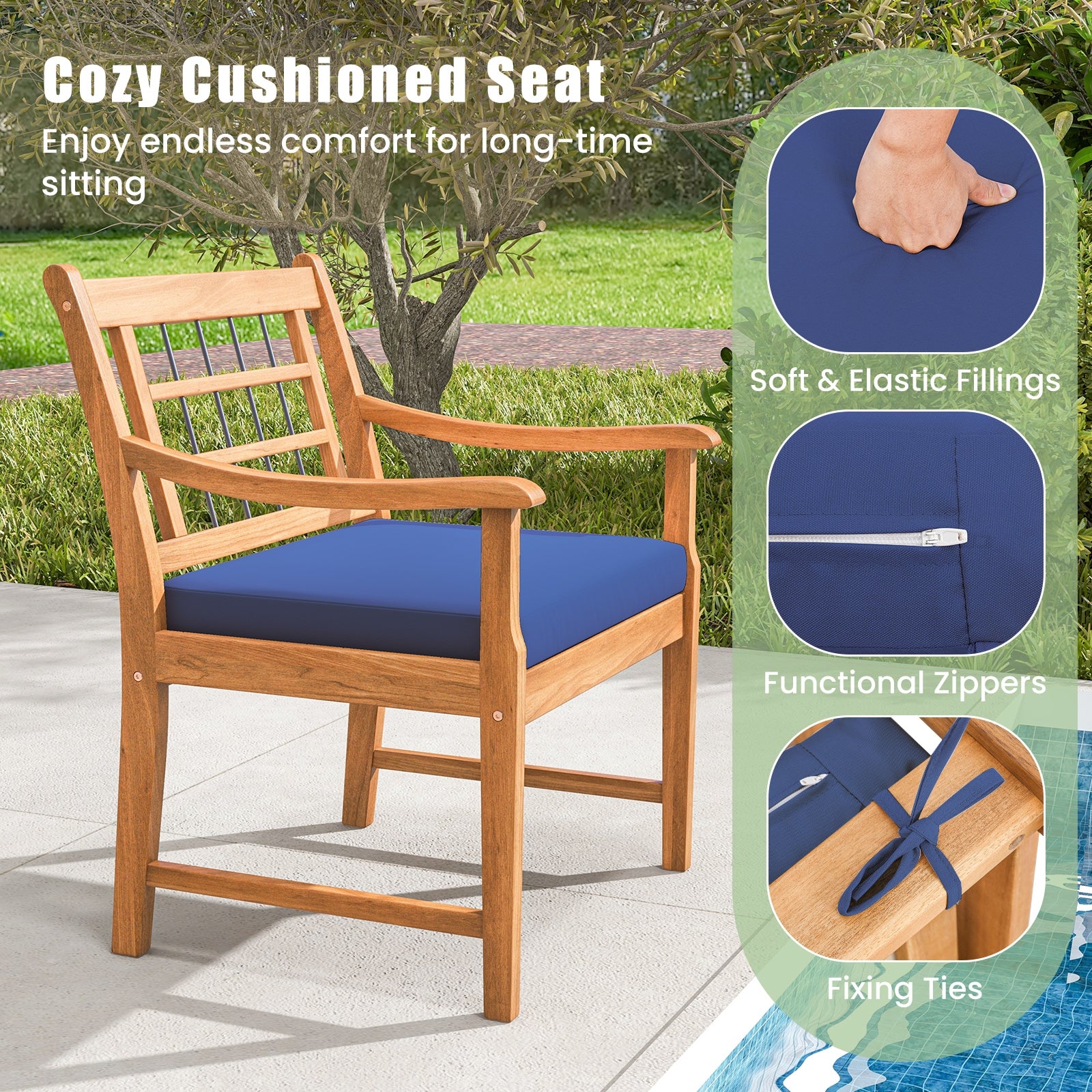 3 Piece Wood Patio Set, Acacia Frame, Cushions, Navy Patio Conversation Sets at Gallery Canada