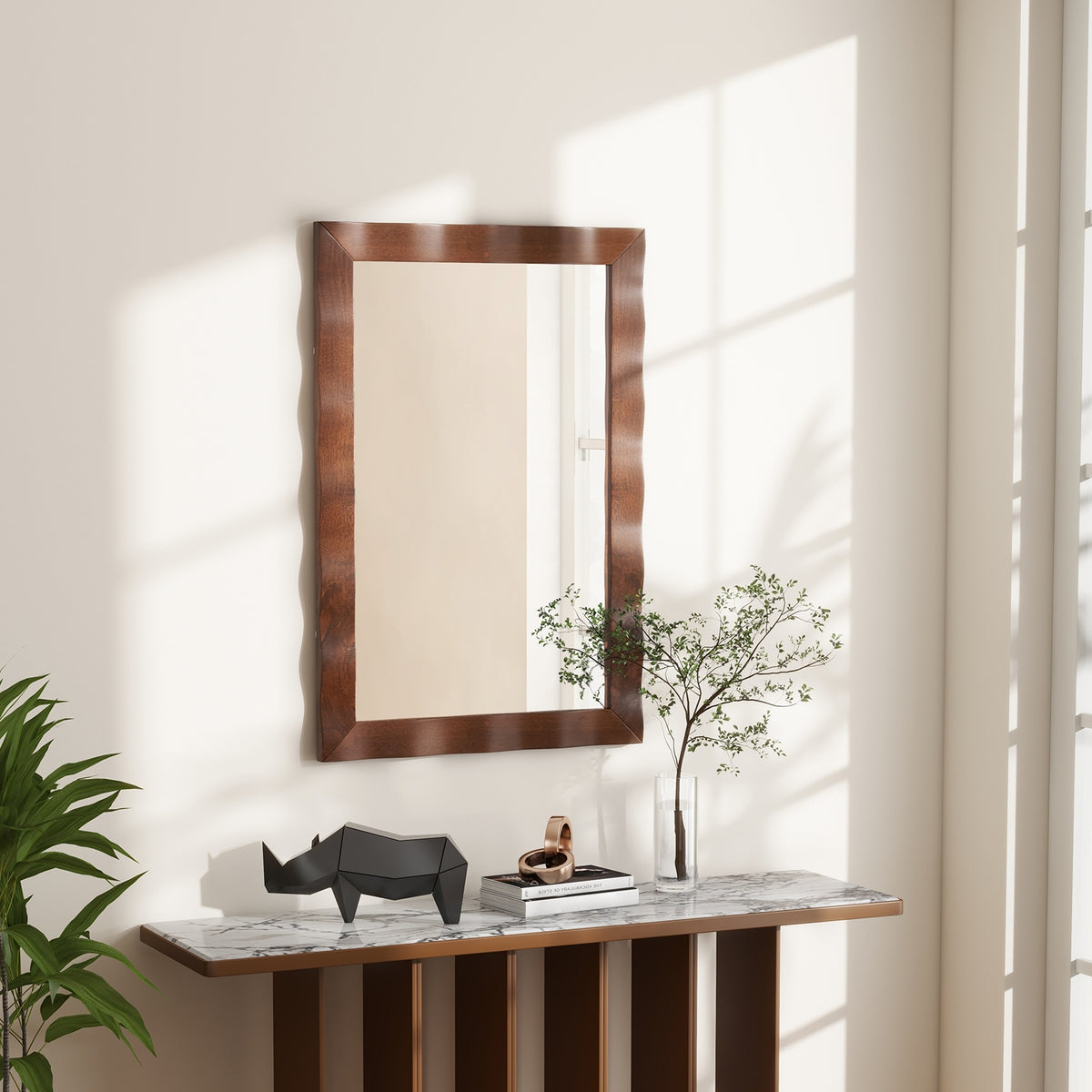 41.5 x 28 Inches Farmhouse Wall Mirror, Solid Wood Frame, Brown Wall Mirrors at Gallery Canada