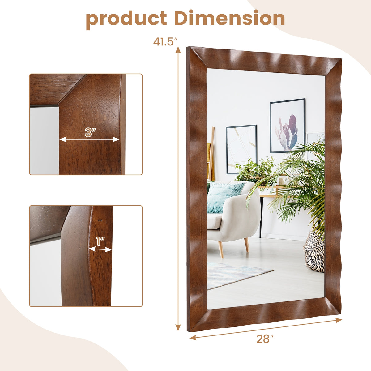 41.5 x 28 Inches Farmhouse Wall Mirror, Solid Wood Frame, Brown Wall Mirrors at Gallery Canada