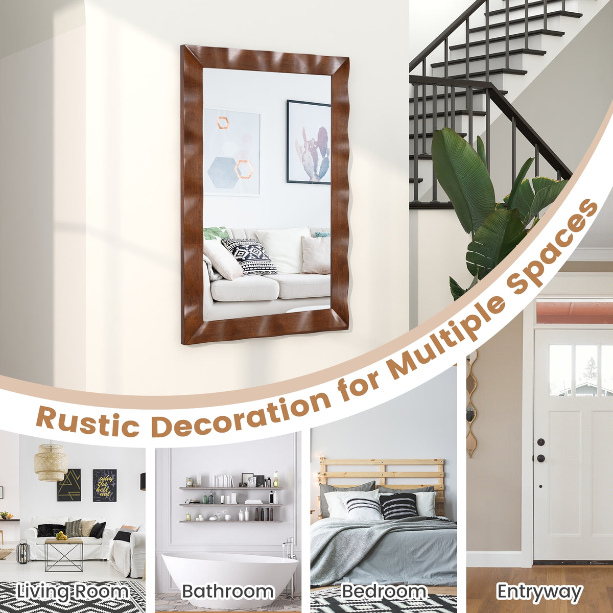 41.5 x 28 Inches Farmhouse Wall Mirror, Solid Wood Frame, Brown Wall Mirrors at Gallery Canada