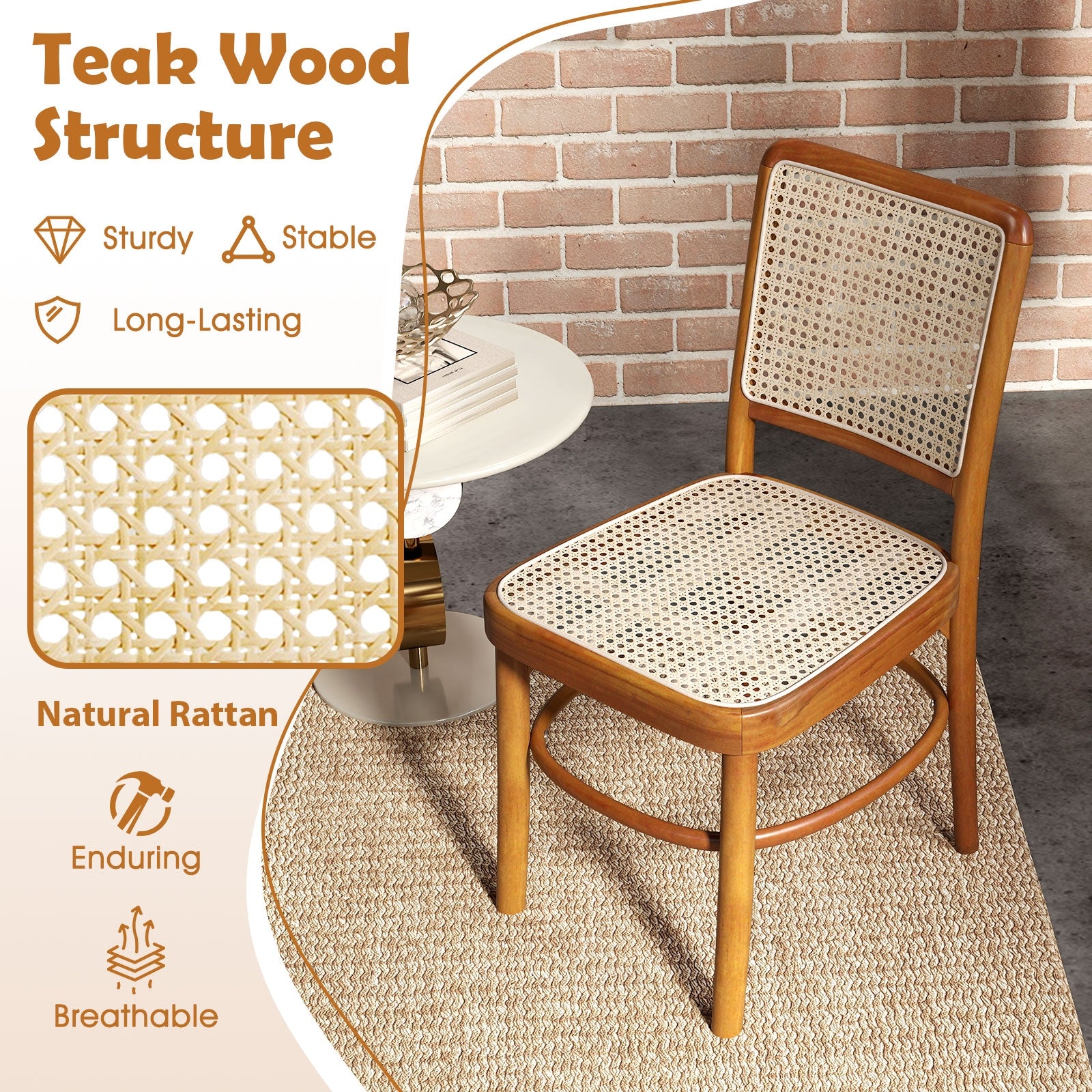 Set Of 2 Boho Dining Chairs, Rattan With Teak Wood Structure, Natural Dining Chairs at Gallery Canada