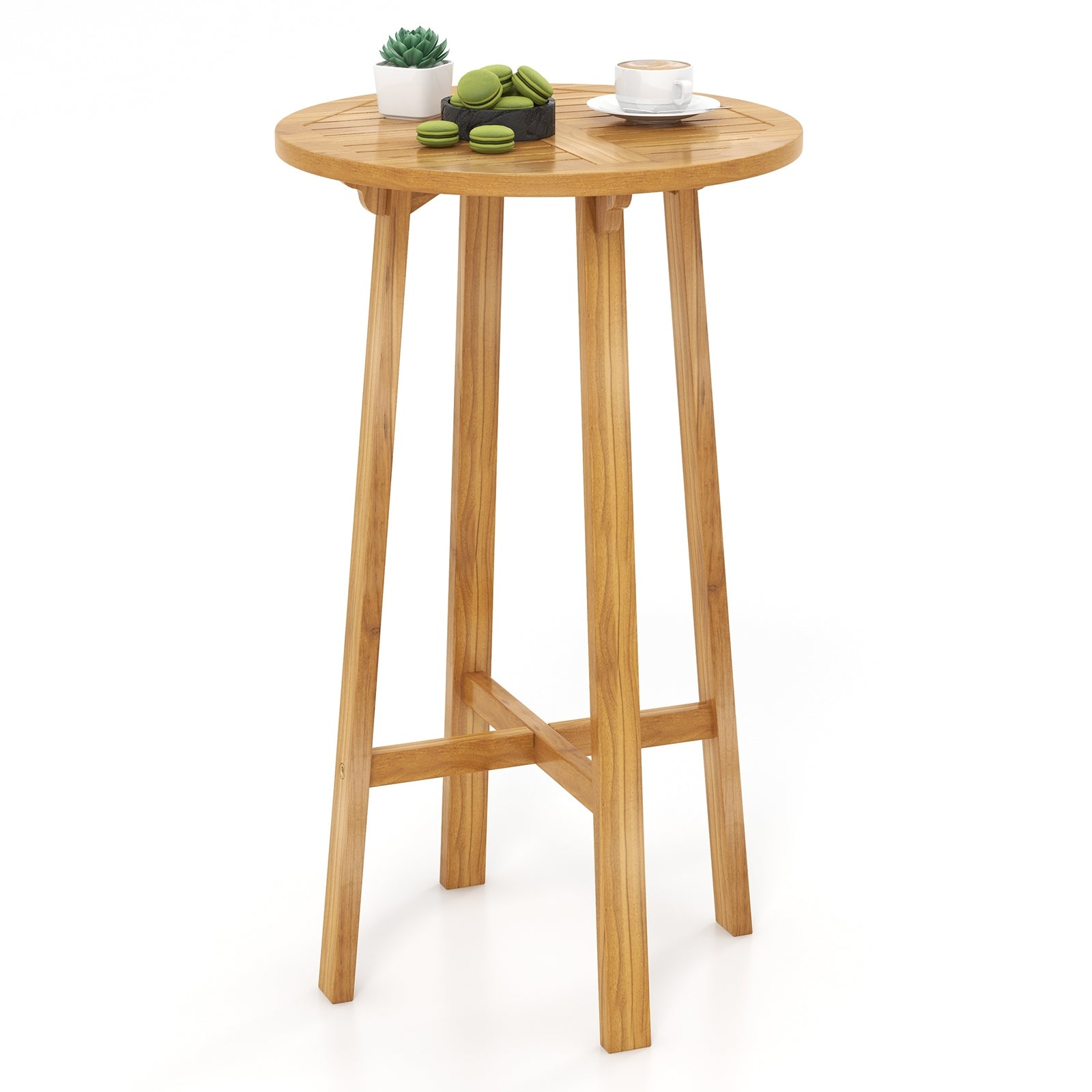 24 Inch Round Teak Bar Table With Footrest, Natural Bar Tables at Gallery Canada