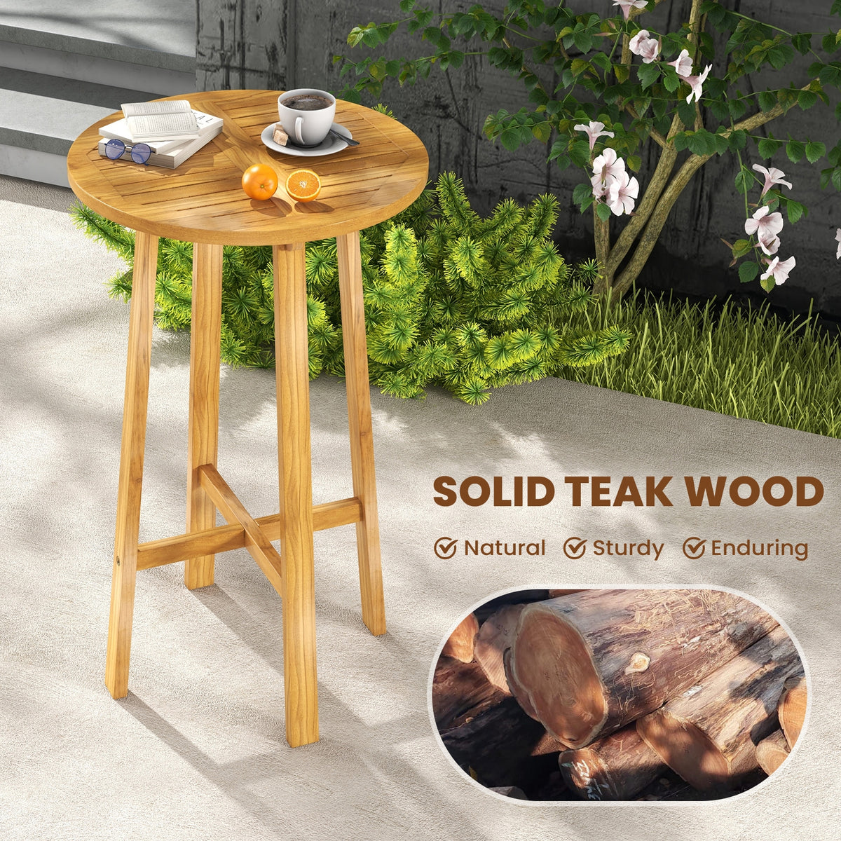 24 Inch Round Teak Bar Table With Footrest, Natural Bar Tables at Gallery Canada