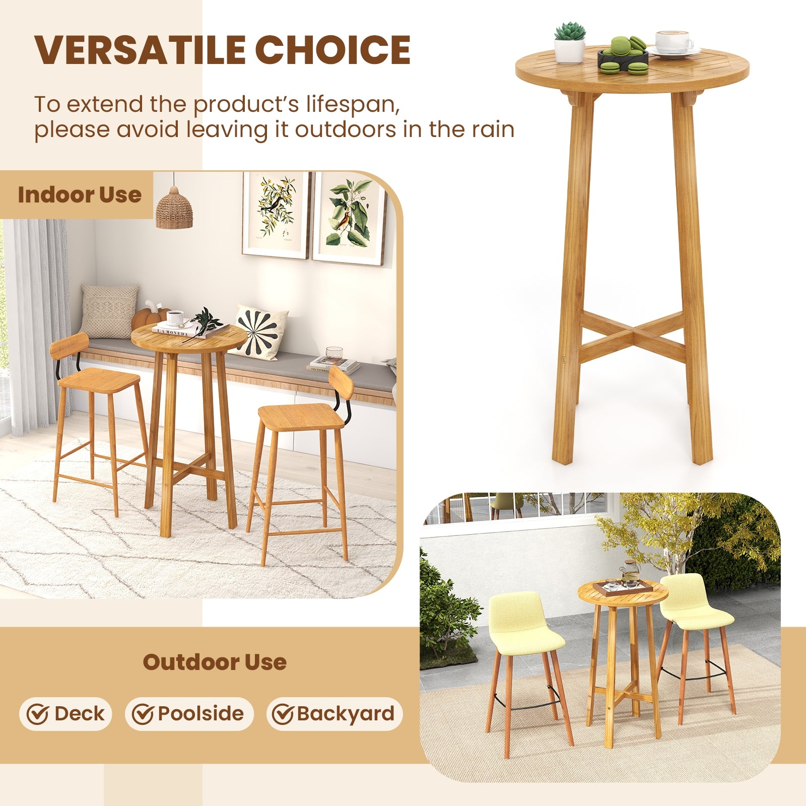 24 Inch Round Teak Bar Table With Footrest, Natural Bar Tables at Gallery Canada