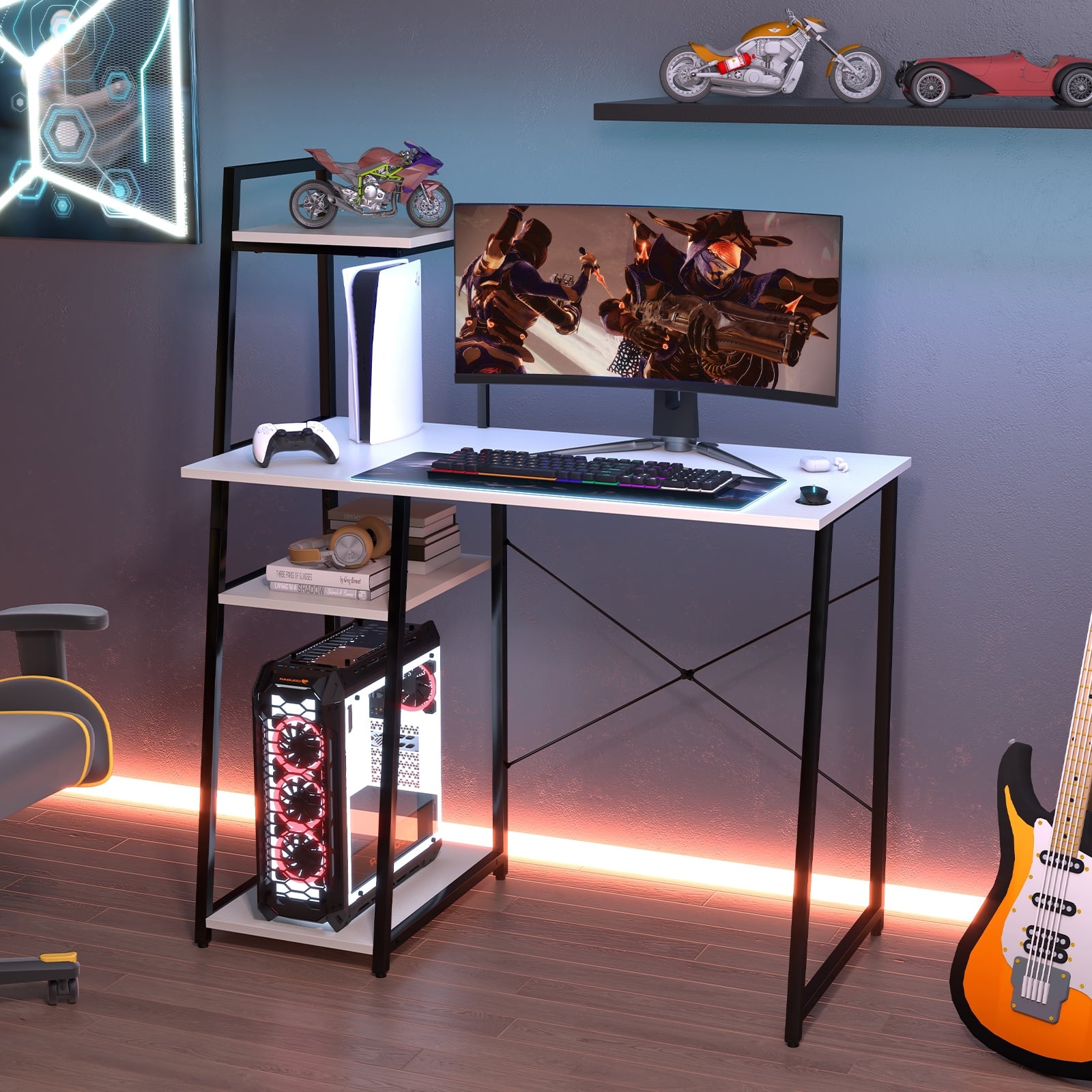 Compact Computer Desk Workstation With 4 Tier Shelves, White Writing Desks at Gallery Canada