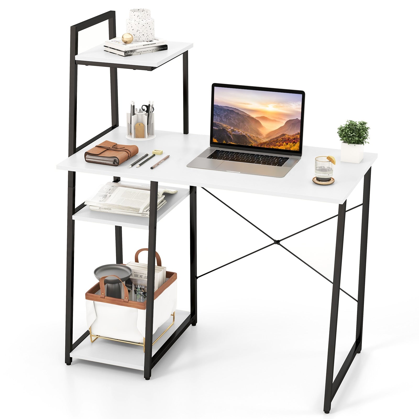 Compact Computer Desk Workstation With 4 Tier Shelves, White Writing Desks at Gallery Canada