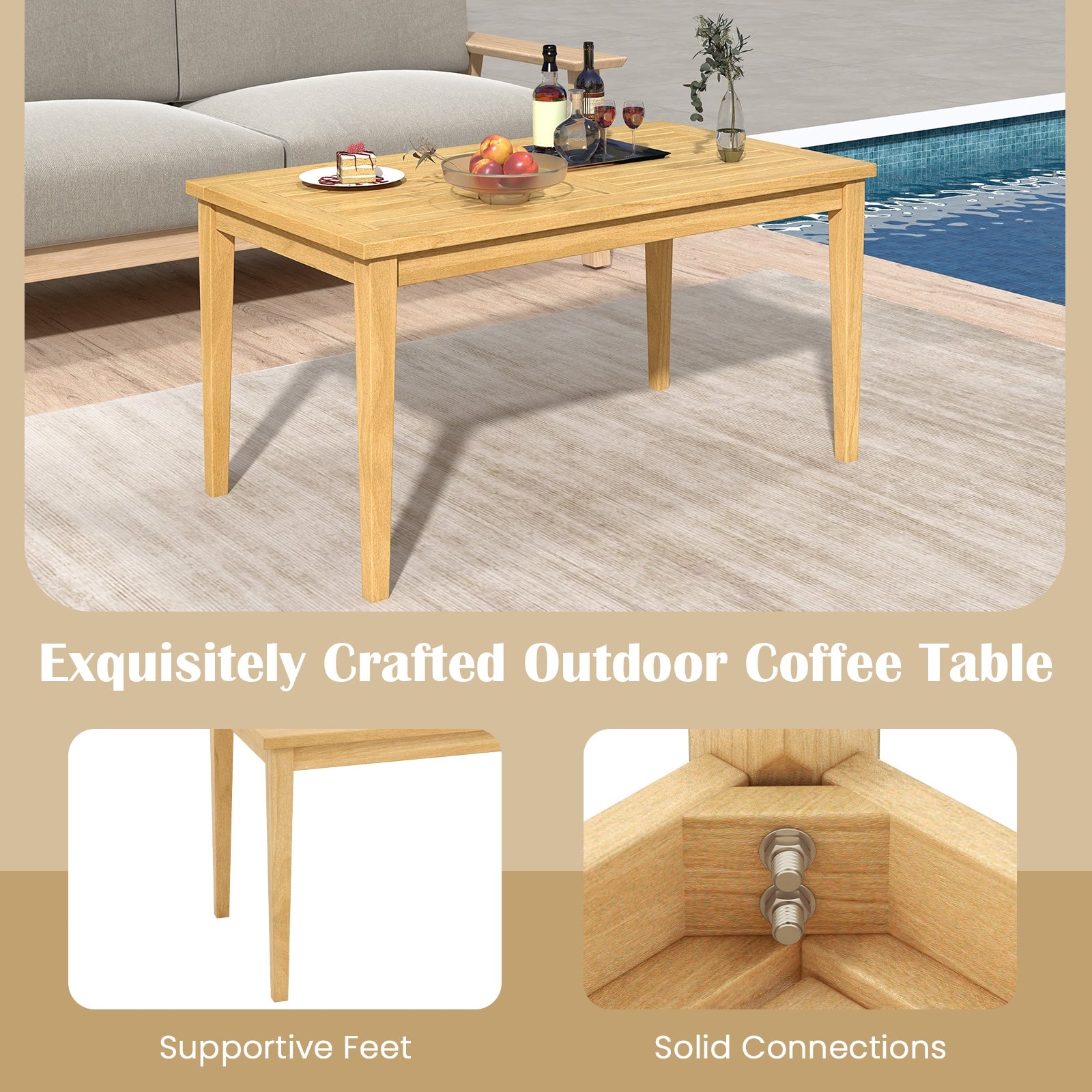 Outdoor Teak Wood Coffee Table, 20 Inch x 35.5 Inch, Natural Patio Coffee Tables at Gallery Canada