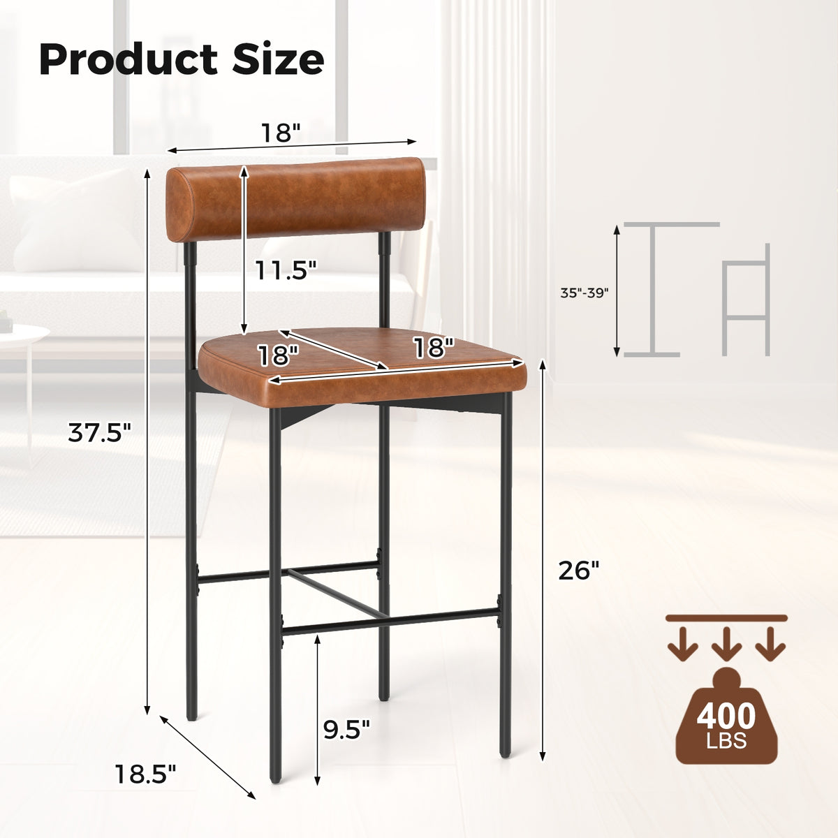20 Inch Upholstered Bar Stools, Set of 2, Brown Bar Stools at Gallery Canada