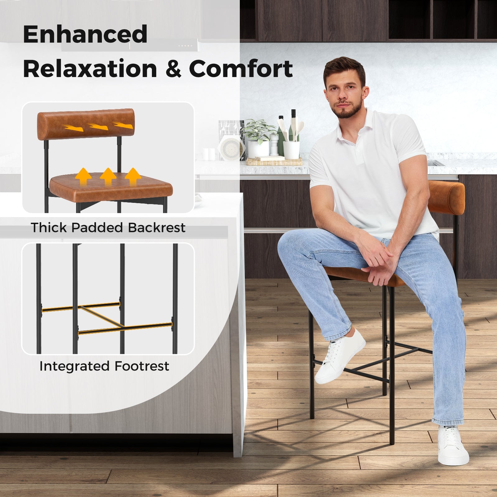 20 Inch Upholstered Bar Stools, Set of 2, Brown Bar Stools at Gallery Canada
