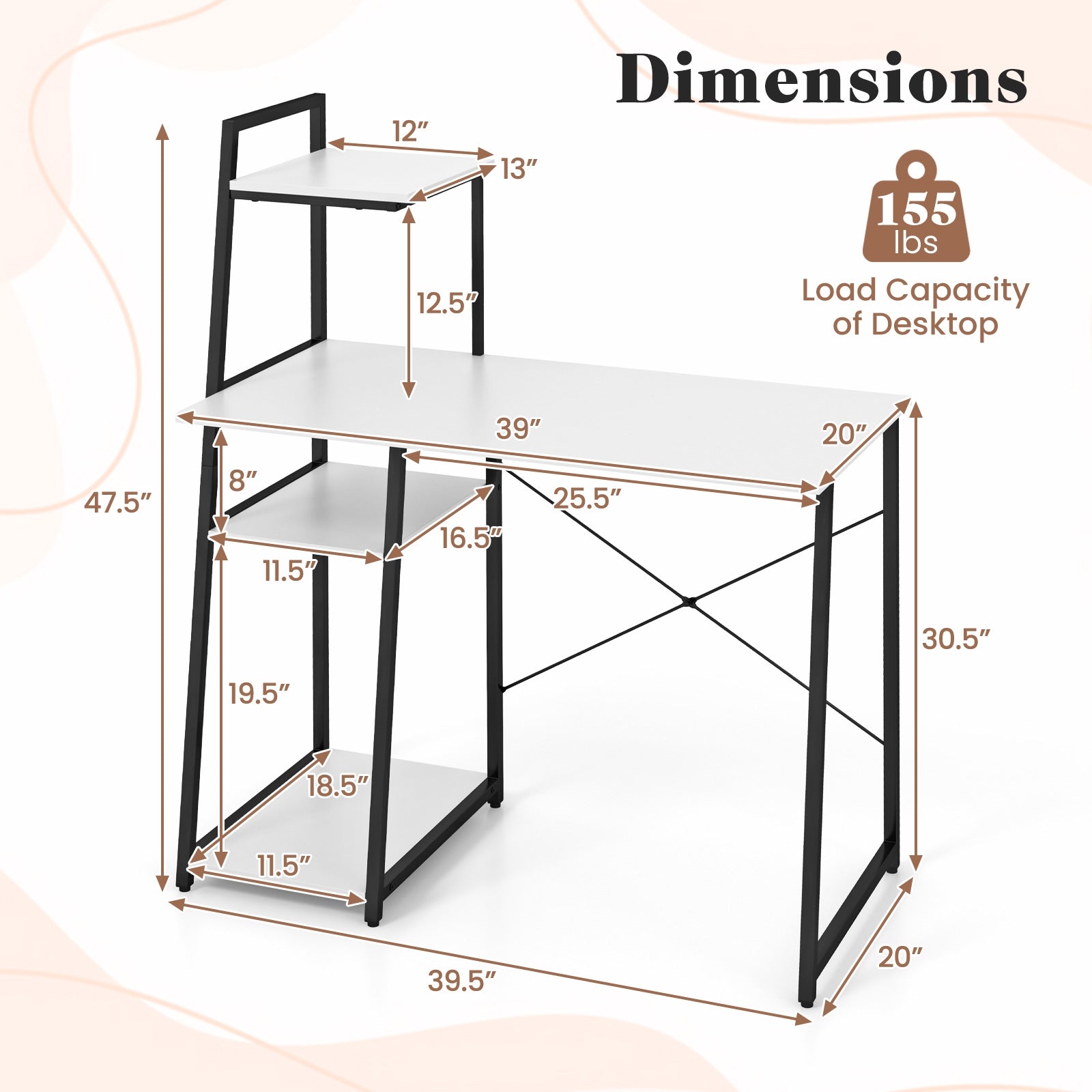Compact Computer Desk Workstation With 4 Tier Shelves, White Writing Desks at Gallery Canada