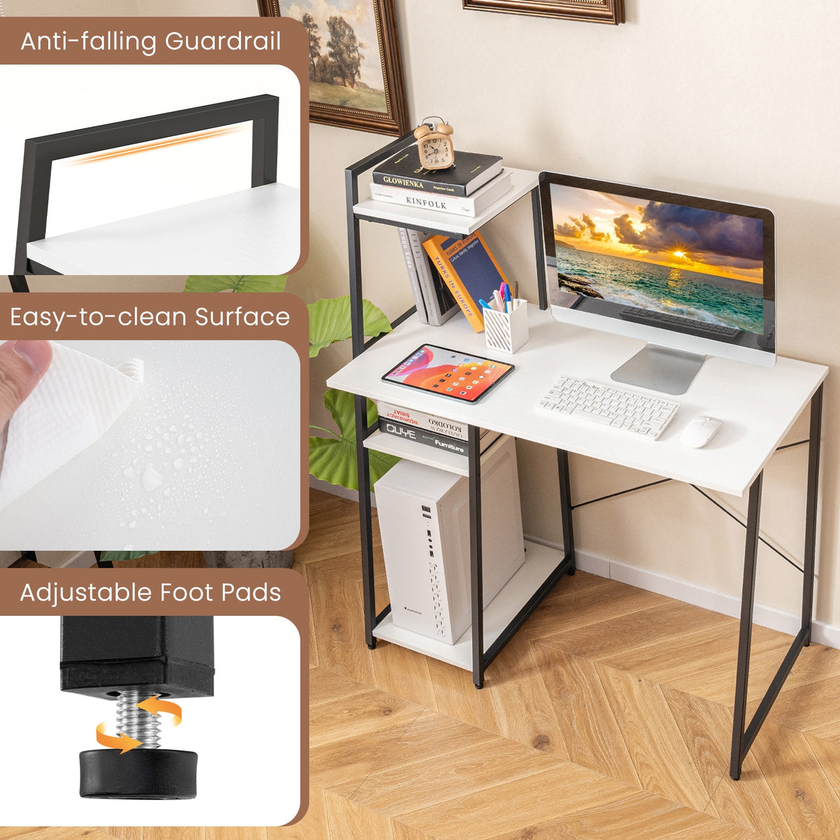 Compact Computer Desk Workstation With 4 Tier Shelves, White Writing Desks at Gallery Canada