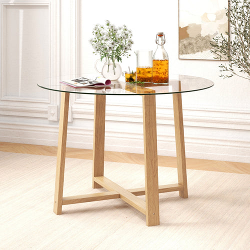 42 Inches Round Glass Dining Table, Tempered Glass, Rubber Wood Legs, Natural