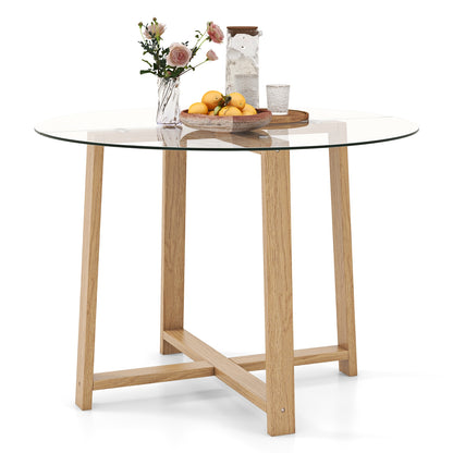 42 Inches Round Glass Dining Table, Tempered Glass, Rubber Wood Legs, Natural Dining Tables at Gallery Canada